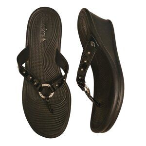 Skechers 8 Black Chunky 90s Y2K Wedge Sandals Rhinestone Ring Accents Studs